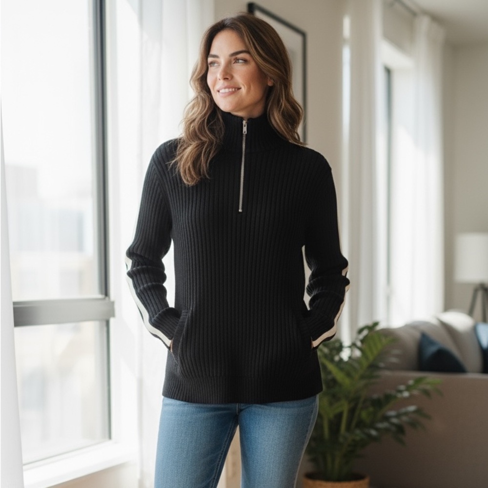 GapStretch Womenβs ribbed 1/4 zip fitted sweater
Black Size Small